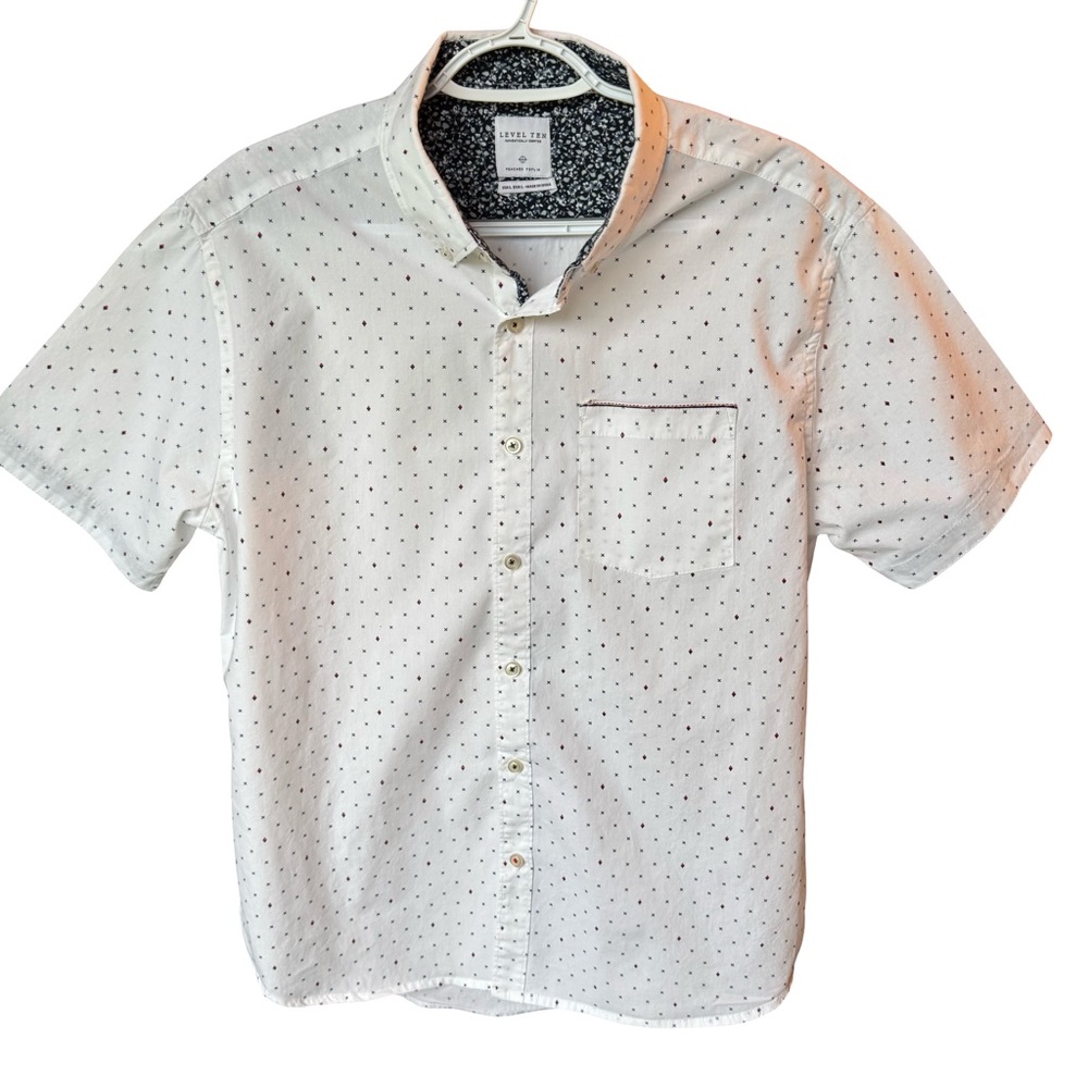 Level Ten Button Front Short Sleeve Shirt Men’s Size Large White & Navy Poplin